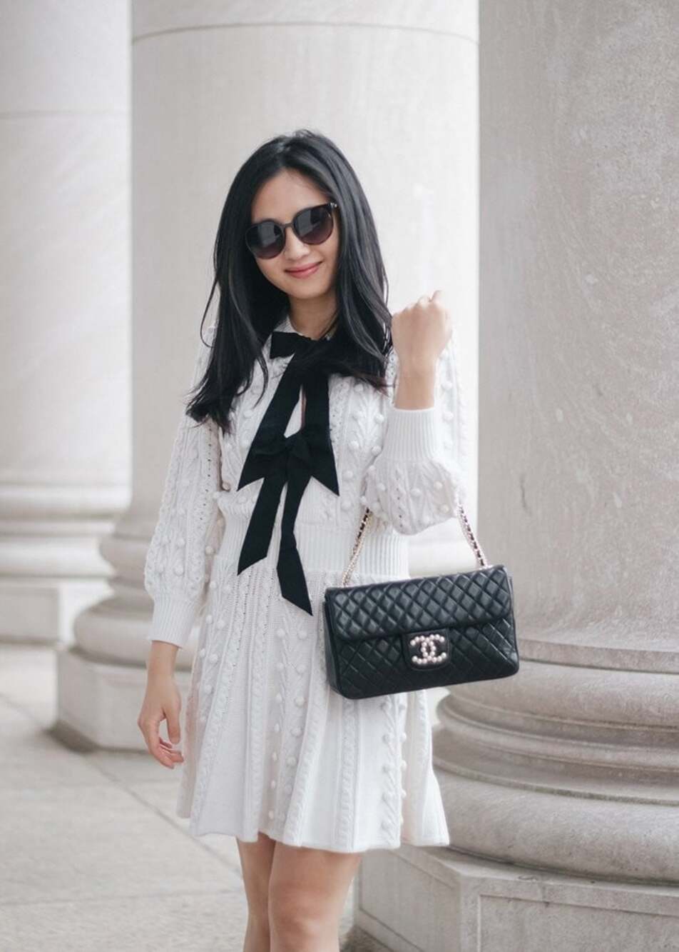 Alice and Olivia Kitty Bow Front Sweater White Dress Large - Picture 5 of 12